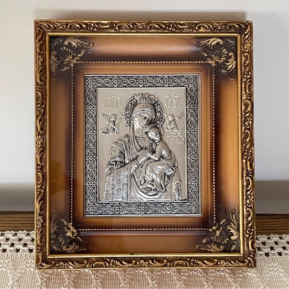 Vintage Greek Orthodox Icon Virgin Mary & Child Silver Gold Wall Hanging